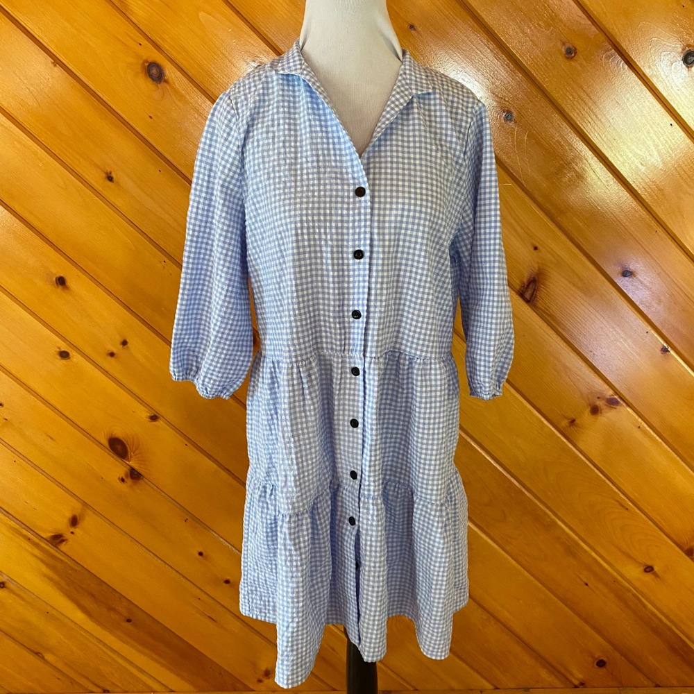 Beachsissi Light Blue Gingham Seersucker Tiered Button Down Mini Dress Medium
